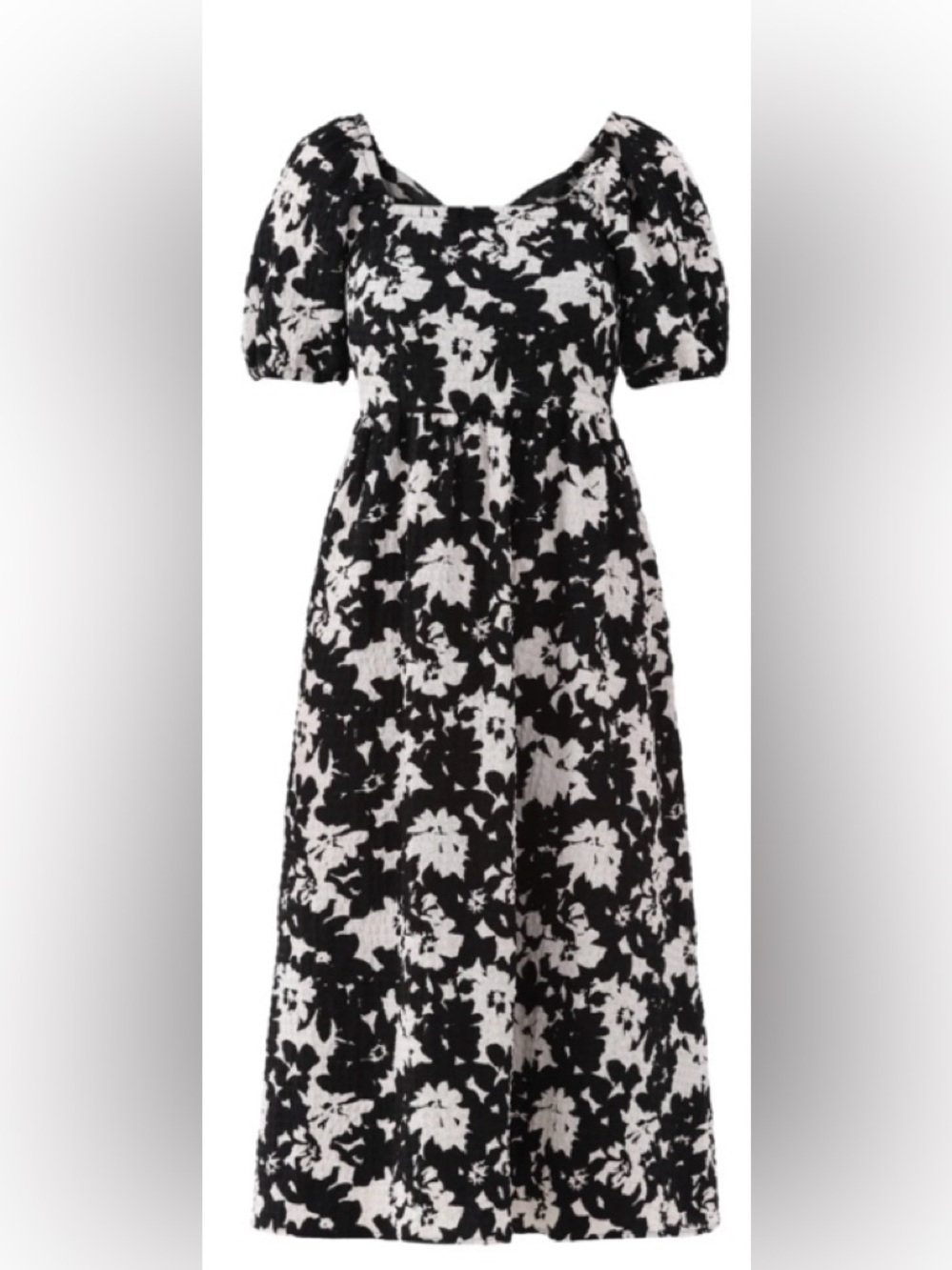Time and Tru Black & White Floral Puff-Sleeve Midi Dress